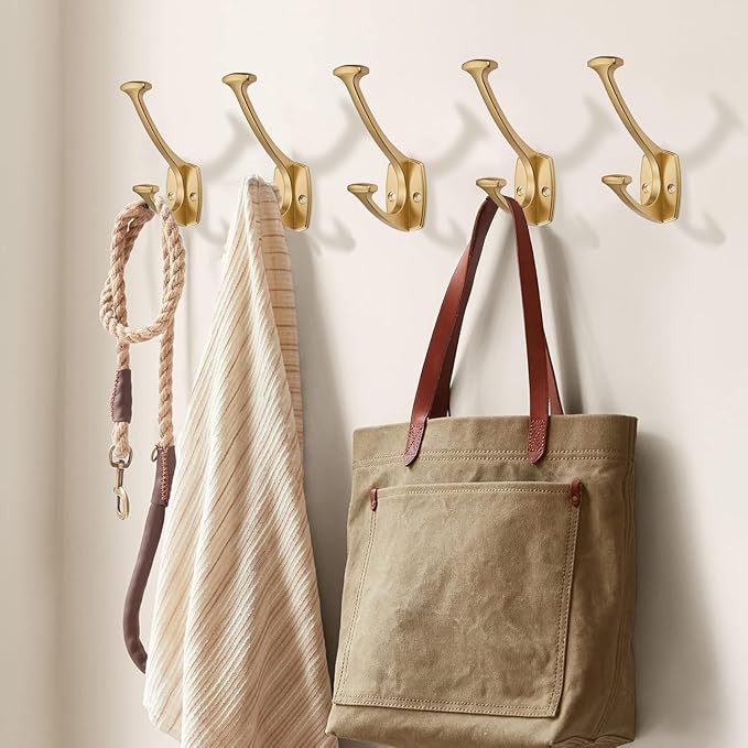 5 Pack Brushed Gold Hooks Decorative Heavy Duty Solid Large Coat Hooks for Towel Hanging Coats Robe Wall Mounted Towel Bags Door Back Bathroom Wall Hook.