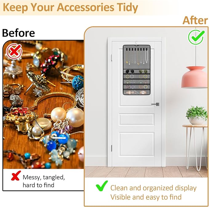 Hanging Jewelry Organizers and Storage, Double-Sided Jewelry Necklace Holder for Jewelries, Earrings, Accessories, Rings on Closet, Door, Wall (1,Gray)