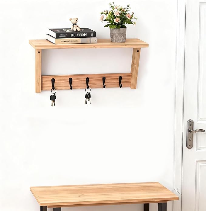 Wall Shelf with Hooks, Multi-Purpose Wooden Shelf & Metal Hooks for Home Entryway, Living Room,Office - Heavy Duty Coat Rack Organizer Hanging Coats, Bags, Key Holder