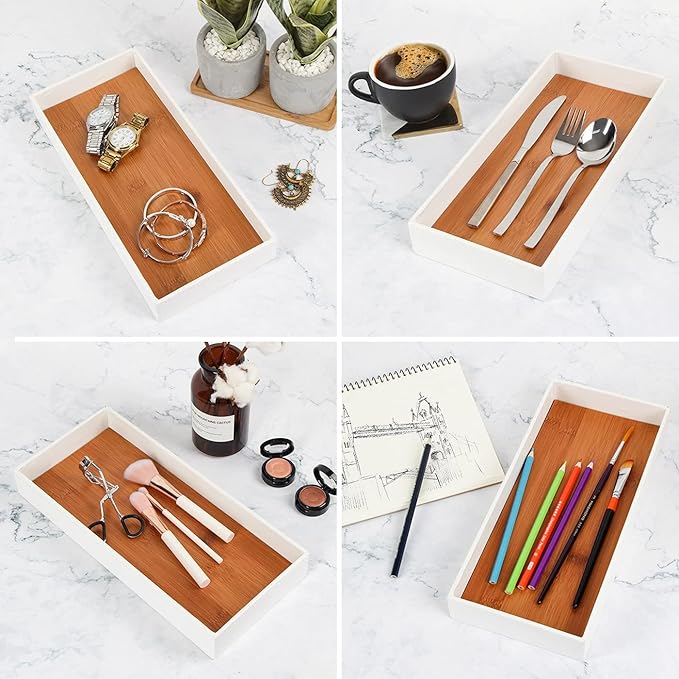 J JACKCUBE DESIGN Leather Bamboo Vanity Tray, Bathroom Organizer, Catch All Valet Tray for Women Perfume, Jewelry, Makeup, Candles, Key, Phone, Sunglasses (White)- MK205B