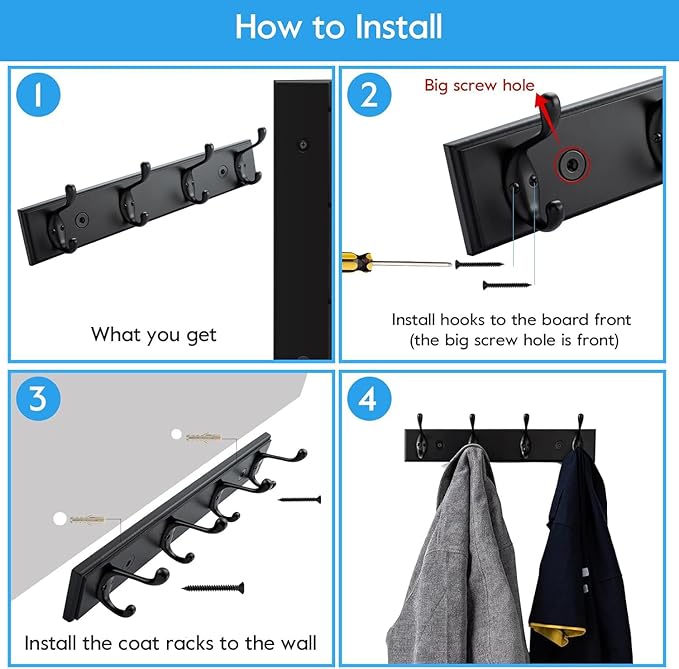 HOME MASTER HARDWARE Coat Rack Wall Mount Black, MDF Wall Mounted Coat Hooks for Hanging Coats, 16" Hat Rack for Wall with 4 Hooks