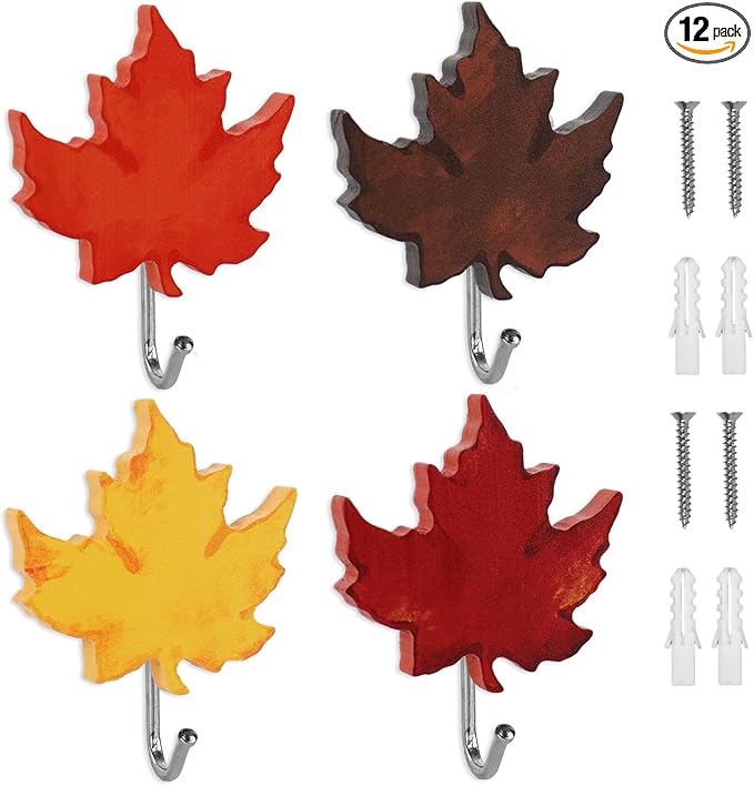 JarThenaAMCS 12Pcs Fall Leaf Hooks Maple Leaf Wood Coat Hook Decorative Towel Hanger Wall Mounted for Autumn Bathroom Bedroom Kitchen Entryway Decor