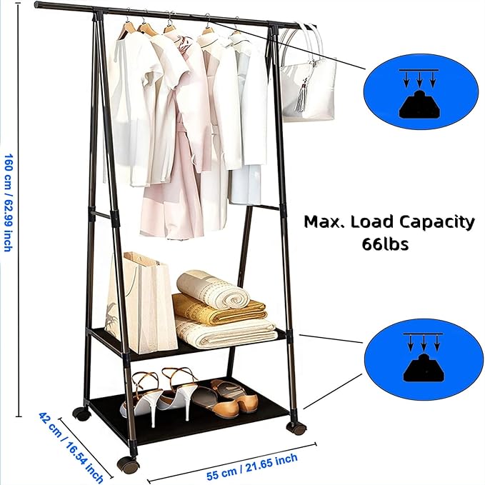 1pc Multi-Functional Metal Garment Rack With Wheels, Freestanding Triangle Storage Organizer For Clothes And Coats, Mobile Multi-Tier Shelf For Home, Kitchen, Wardrobe Organization, Portable Closets