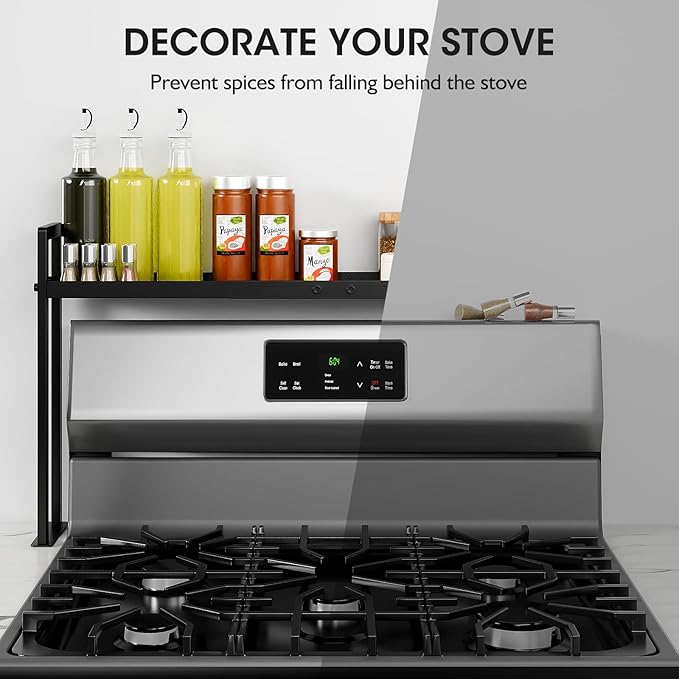 Bumusty Adjustable Stove Top Shelf,Over Shelf for Stove â Expandable 4-Level Spice Rack & Kitchen Organizer, Anti-Slip Metal Construction, 27"â33" Length, 11"â14" Height, Black