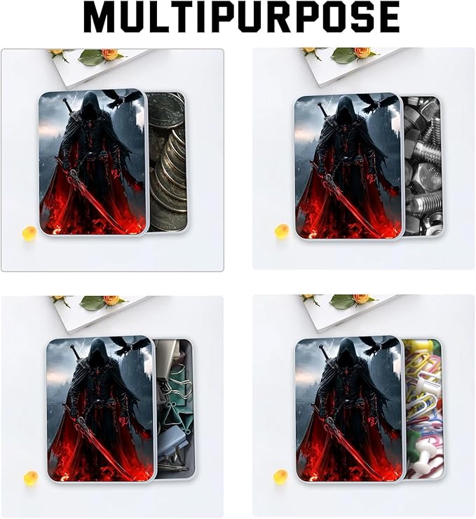 Metal Tin Box with Lid,Multi-functional Storage Box Can Store Tea Biscuits Game Cards, Playing & Tarot Cards-Comes with 4 Magnetic Cord Clips,Dark Warrior with Red Sword