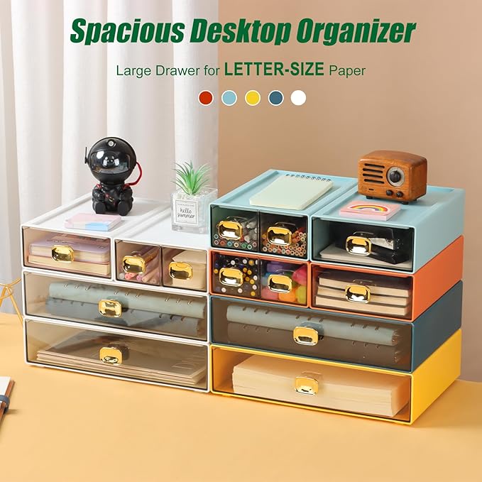 Spacious Desktop Storage Box, 1 Large Storage Drawer, Stackable Office Desk Drawer Organizer and Accessories, Printer Paper Organizer, Orange Plastic Drawers for Workspace & Home