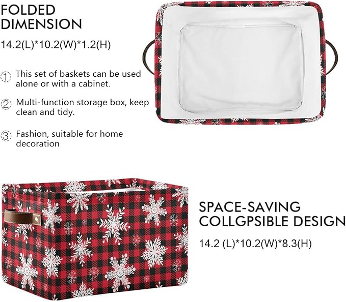 Bolaz Large Storage Basket Christmas Snowflake Plaid Foldable Storage Box Organizer Bins with Handles for Bedroom Home Office