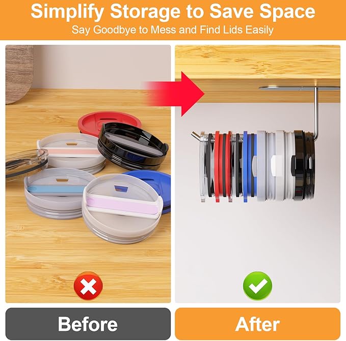 4 Pack Tumbler Lid Organizer, Space Saving Cup Lid Organizer for Yeti/Stanley/Simple Modern Tumbler Lids, Self-Adhesive or Drilling Tumbler Lid Hook for Kitchen Organizers and Storage