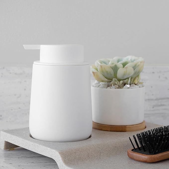 Matte White Round Soap Dispenser for Kitchen & Bathroom – 9 oz Refillable Resin Pump Bottle for Dish Soap, Hand Soap, Shampoo, Conditioner – Modern Countertop Dispenser with Non-Slip Protective Pads