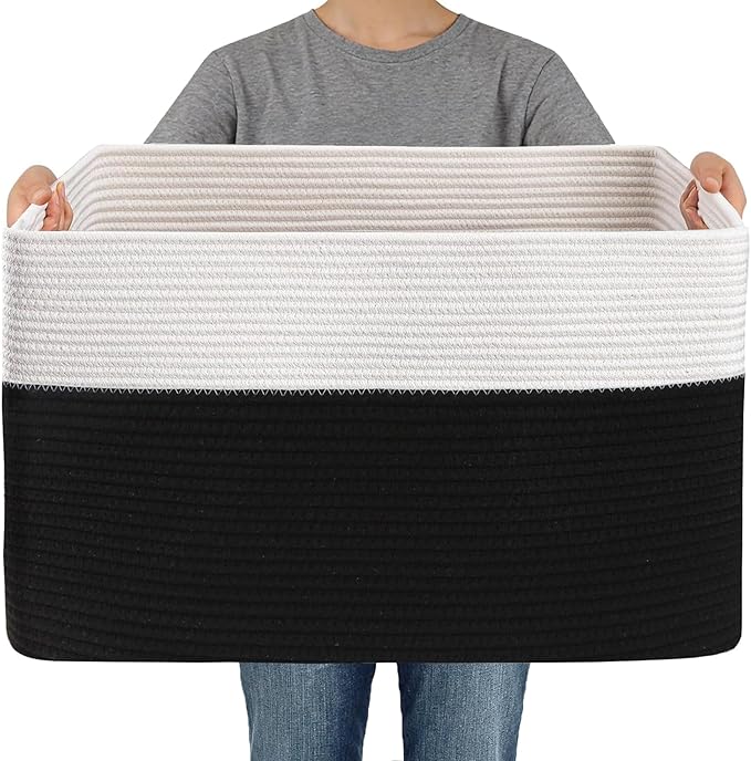 Woven Blanket Basket,65L Large Storage Bin for Blankets Toys Clothes,Decorative Rope Basket for Living Room Bedroom with Handles, White&Black