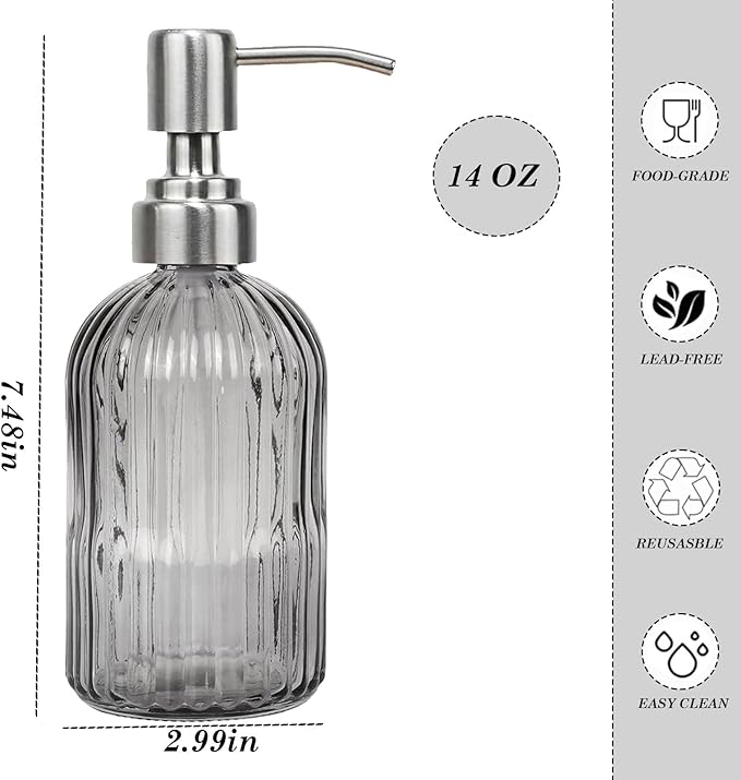 14Oz Gray Soap Dispenser Bathroom, Clear Glass Hand Soap Dispensers with Stainless Steel Pump, Refillable Dish Soap Dispenser for Kitchen, Countertop Soap Dispensers