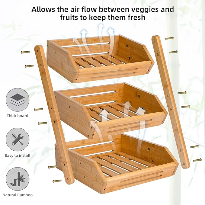 Fruit Basket, 3 Tier Bamboo Fruit Bowl for Kitchen, Stand Storage Holder, Heavy Duty/Large Capacity for Fruit, Vegetables Countertop Organizer