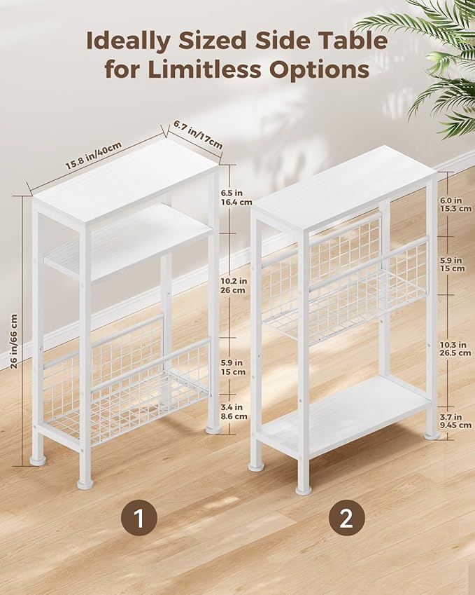 Karii Narrow Side Table, Skinny End Table for Small Spaces with Storage, 3-Tier Slim Wooden Bedside Nightstand Thin Couch Table for Living Room Bedroom Office Dorm Kitchen Bathroom (1, White)