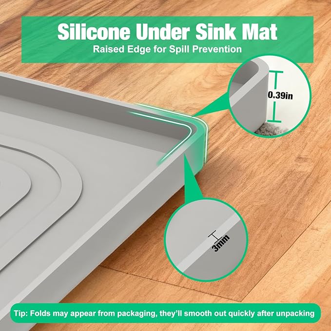 Aisslro Under Sink Mat 28" X 19", Waterproof Silicone Under Sink Mats for Kitchen, Anti-Leak Shelf Liner & Cabinet Protector with Raised Edge, [BPA Free] Bathroom Tray Home Organizer, Grey