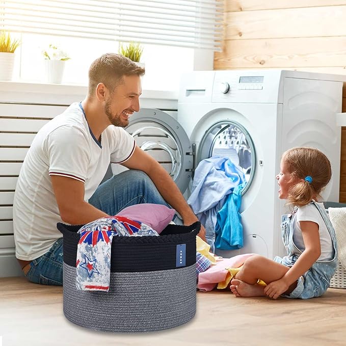 COMSE Extra Large Blanket Basket, Woven Laundry Basket, 21.7âx 13.8â, Nursery Hamper, Cotton Rope Laundry Hamper Living Room for Storage Toys Clothes Towels(Black & Gray)