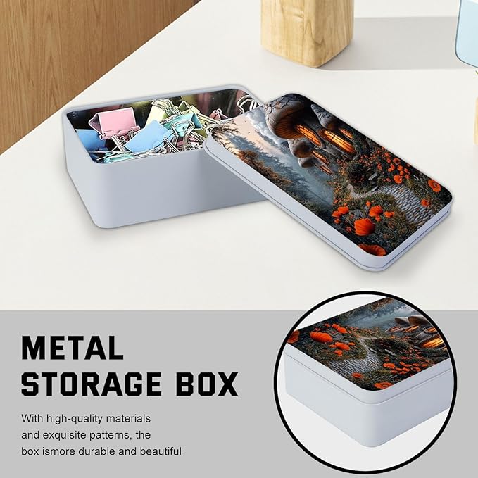 Metal Tin Box with Lid,Multi-functional Storage Large Box Can Store Tea Biscuits Game Cards, Playing & Tarot Cards-Comes with 4 Magnetic Cord Clips,Mushroom Houses in Forest