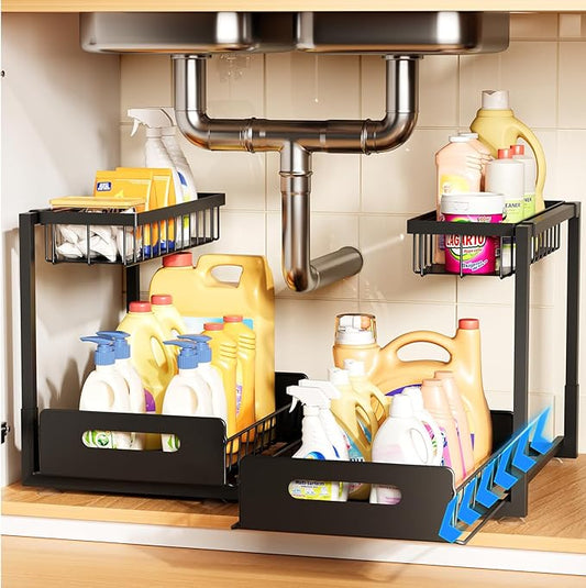 Under Sink Organizer,Metal Pull Out Cabinet Organizer Shelf,Kitchen Bathroom Organizers with Sliding Drawer,Storage Shelves,Storage and organization for Home,Laundry,RV,Pantry,Spice,Black,2 Pack
