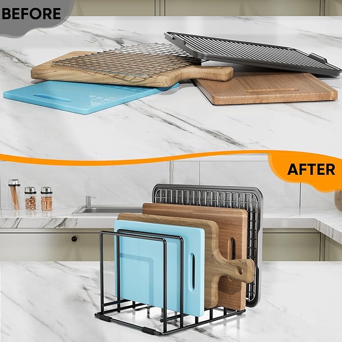 Baking Sheet Organizer Rack â 5-Slot Bakeware & Cookie Tray Holder for Kitchen Cabinet or Countertop, Stainless Steel Cutting Board Rack with Rust-Resistant Frame & Anti-Slip Feet