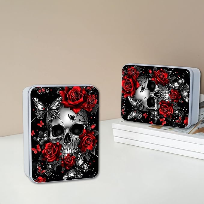 Metal Tin Box with Lid,Multi-functional Storage Large Box Can Store Tea Biscuits Game Cards, Playing & Tarot Cards-Comes with 4 Magnetic Cord Clips,Skull Roses Butterfly