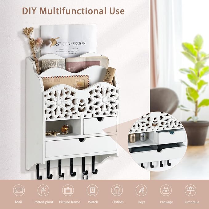 3-Slot Mail Sorter Organizer Wall Mount with 6 Hooks, Key Holder for Wall Decorative with 2 Drawer, Key Rack Hanger for Home Coat/Letter/Magazines/Dog Leash/Entryway/Room Decor