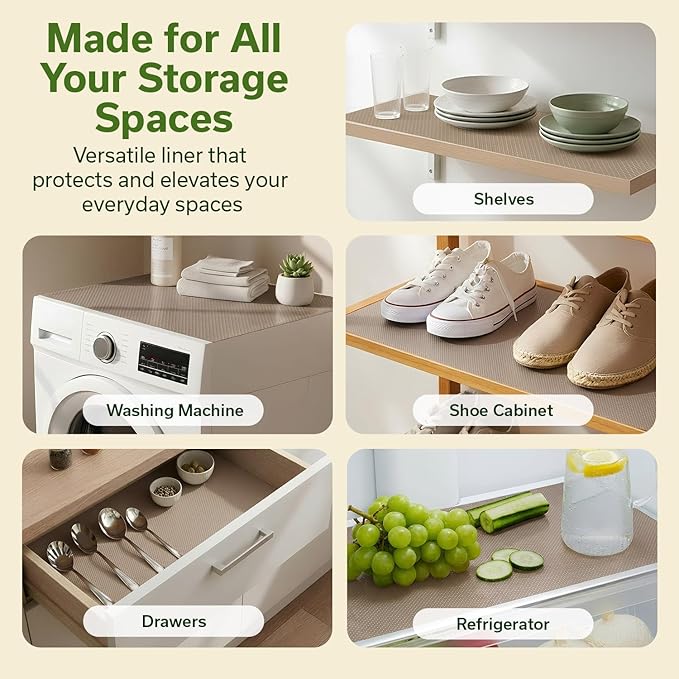 EVALAND Shelf Liners for Kitchen Cabinets Non-Adhesive 17.7" x 33 FT Beige Drawer Liner Non Slip, Washable Cabinet Liner, Waterproof Shelf Liners for Cabinets, Refrigerator Bathroom Pantry - Thickened