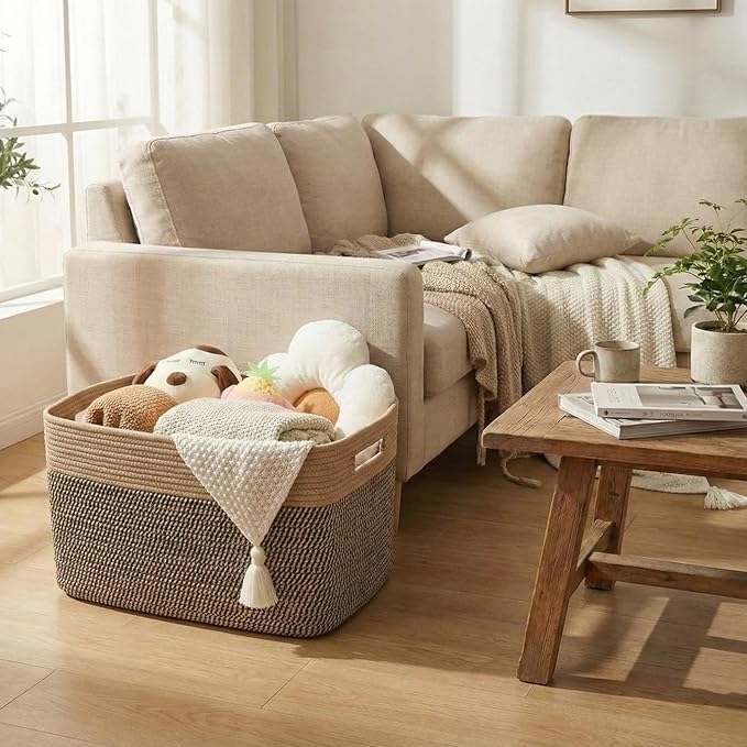 Woven Blanket Basket,96L Large Storage Bin for Blankets Toys Clothes,Decorative Rope Basket for Living Room Bedroom with Handles, Jute&Black