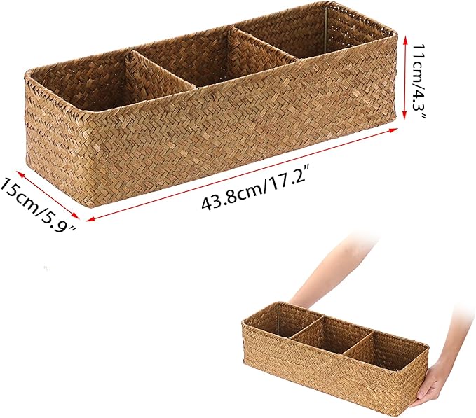 Seagrass Shelf Basket with Dividers, Rectangular Woven Storage Baskets for Organizing, Decorative Wicker Narrow Basket Tray with 3 Sections for Shelves, Toilet Tank, Bathroom Counter