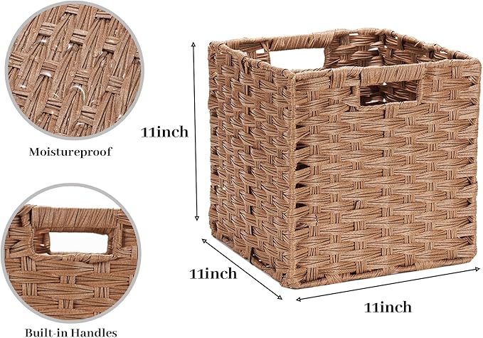 DULLEMELO Wicker Storage Baskets 11x11 Storage Cube Bins Foldable Plastic Cubby Baskets for Shelves Set of 2 Waterproof Woven Storage Bins for Organizing Pantry,Closet,Toys - Brown