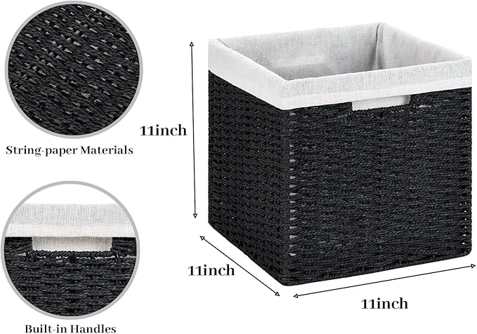 DULLEMELO Wicker Storage Baskets for Shelves, Woven Cube Storage Bins Set of 4, 11x11x11 inch Foldable Wicker Baskets for Shelves,Closet, Clothes, Toys-Black