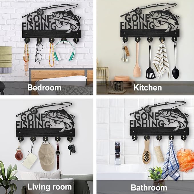 MAYJOYDIY Wood Gone Fishing Coat Rack Wall Mount Key Holder for Wall 11.87.9inch Black Lake Fish Key Rack Hangers 5 Alloy Hooks Wall Art Decor for Entryway Front Door Lover Gift