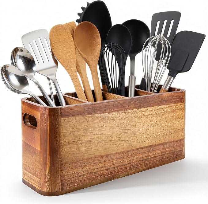 Kitchen Utensil Holder for Counter or Countertop, Large Wooden Utensil Holder with 4 Compartments, Acacia Wood Organizer for Cooking Utensils and Silverware, Ideal Gift for Kitchen Decor
