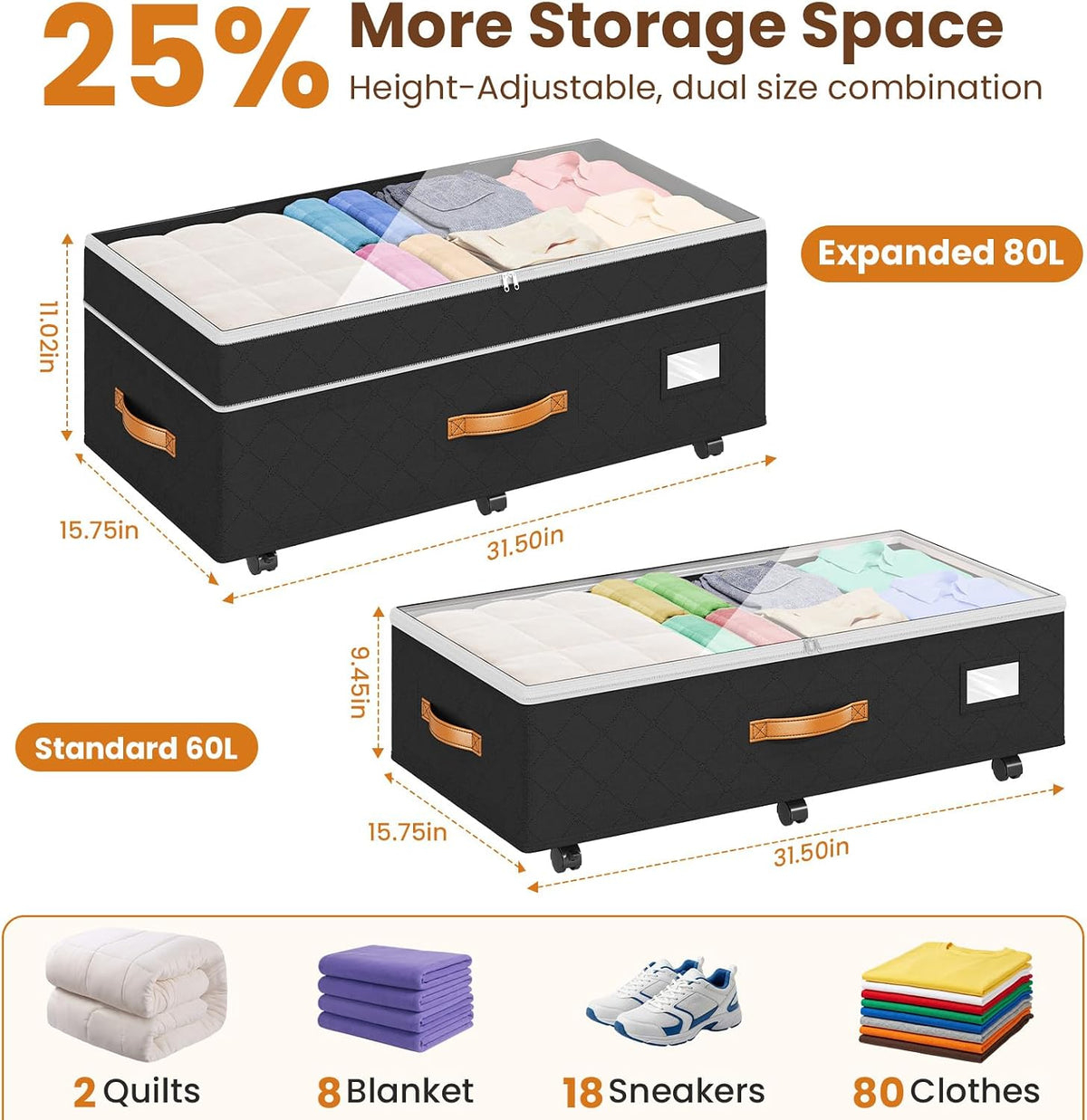 Budding Joy 80L 2 Pack Adjustable Under Bed Storage with Wheels Underbed containers with clear lids, rolling under bed shoe storage organizer for dorm home clothes, blankets, toys, black