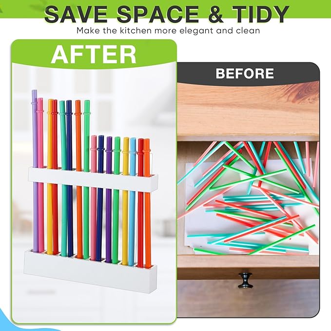 Baderke Straw Holder for Cabinet Reusable Straw Organizer with Double Sided Adhesive Tape Screws Storage Container for Kitchen Counter Cupboard (White,Novel)
