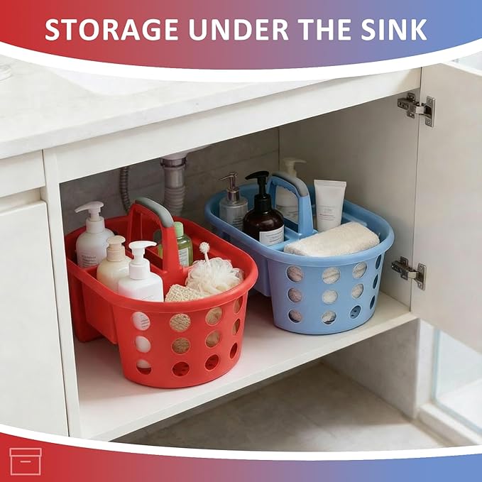 Large Shower Caddy Portable 2PC - Made in USA Plastic Jumbo Size Dorm Storage Candy Tote with Handle Shower Organizer for Bathroom, Pantry, Kitchen, College Dorm, Red/Periwinkle