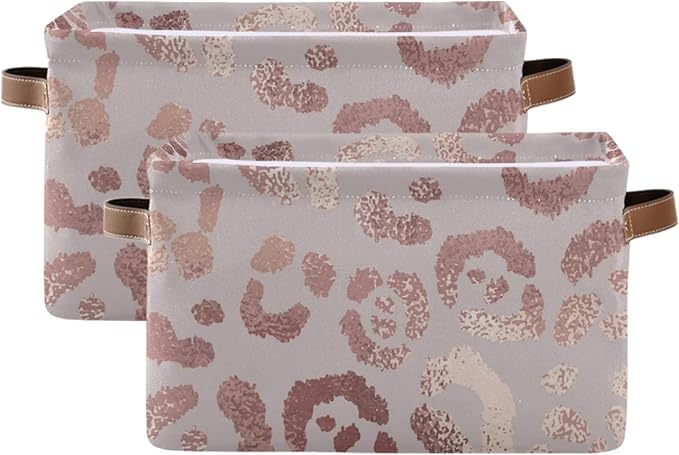 susiyo Large Foldable Storage Bin Leopard Skin Rose Gold Fabric Storage Baskets Collapsible Decorative Baskets Organizing Basket Bin with PU Handles for Shelves Home Closet Bedroom Living Room-2Pack