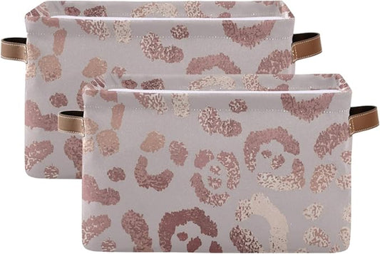 susiyo Large Foldable Storage Bin Leopard Skin Rose Gold Fabric Storage Baskets Collapsible Decorative Baskets Organizing Basket Bin with PU Handles for Shelves Home Closet Bedroom Living Room-2Pack