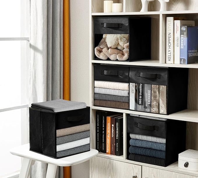 DECOMOMO Storage Bins, Cube Storage Bin with Window, Fabric Storage Cubes for Shelves (11" / 6pcs, Black)