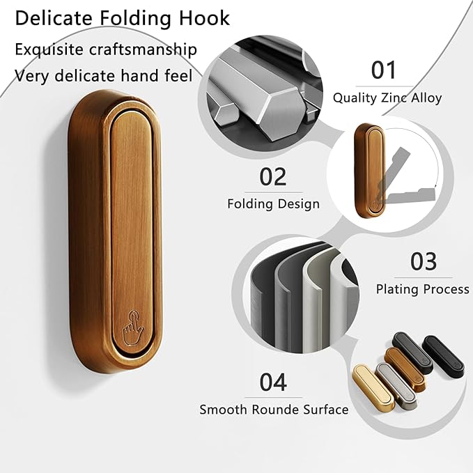 4PCS Folding Coat Hooks, Heavy Duty Wall Hooks Made of Zinc Alloy, Foldable Wall Hooks for Hanging Coats, Scarves, Hats, Bathrobes, Keys, Bags (Bronze)