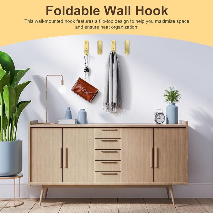 uxcell Foldable Wall Hooks, Aluminum Alloy Heavy Duty Wall Mounted Folding Coat Hooks with Mounting Accessories Space-Saving for Hanging Coat Towels Hat Bags, Oval, Brushed Gold