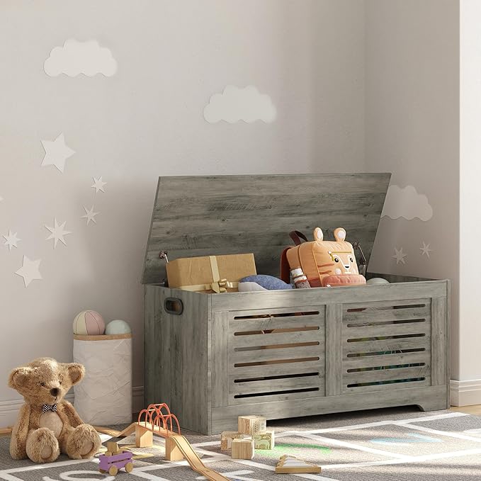 DINZI LVJ Storage Chest, 43.3â Wooden Toy Box with 2 Safety Hinges, Retro Entryway Shoe Storage Bench with Flip-Top, Sturdy Large Storage Trunk for Living Room, Bedroom, Easy Assembly, Gray Wash
