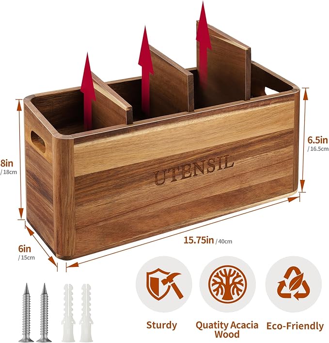 Acacia Wood Utensil Holder for Kitchen Counter, 4 Compartment Farmhouse Heavy-Duty Flatware Caddy & Silverware Organizer - Large Kitchen Decor for Spoons, Forks, Parties, Coffee Bar & RV
