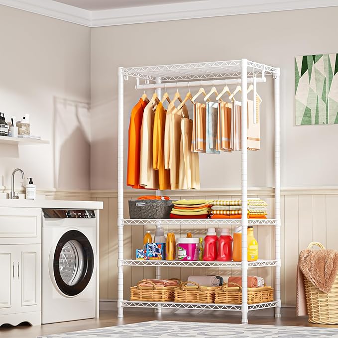 Ulif H4 Portable Closets, 4-Tier Metal Clothes Garment Rack for Bedroom and Cloakroom, Clothing Closet Storage and Organizer Wardrobe, 35.4" W x 14" D x 76.4" H, White