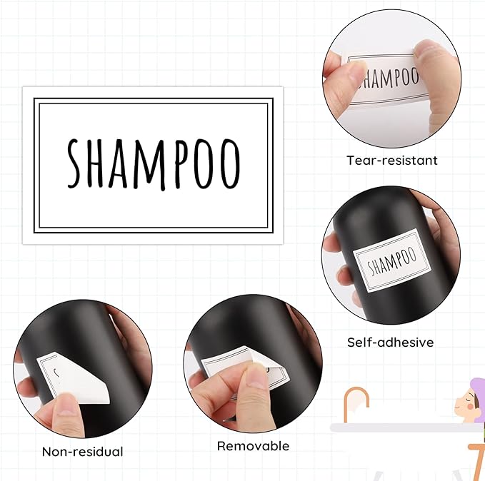 Segbeauty 36PCS Bathroom Labels - White, Self-adhesive Waterproof Labels for Bottles, Removable Soap Dispenser Stickers for Organizing Shampoo, Conditioner, Body Soap, Bath Salt, Home, Travel