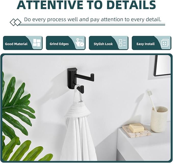 Suyar Matte Black Double Towel Hook, SUS304 Stainless Steel Bathroom Robe Coat Hook with 2 Swivel Arms, Rotating Towel Holder for Kitchen RV Storage, Wall Mounted