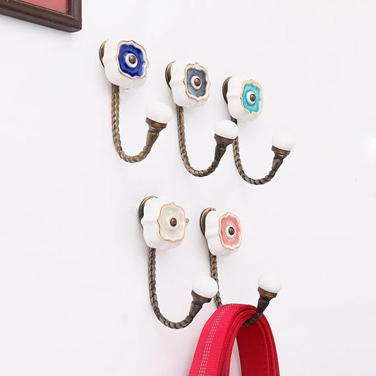 Indian Shelf Pack of 6 Ceramic Wall Hooks for Hanging Clothes - Multicolor Solid Gold Line Wall Coat Hooks - Ceramic Clothing Hooks - Solid Gold Line Keys Hanging