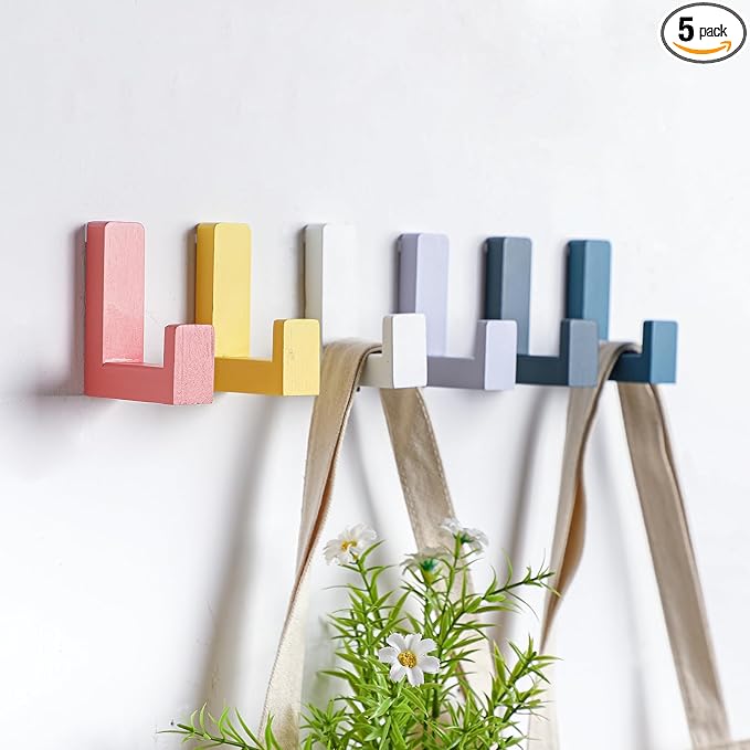 6 Pack Cute Kids Coat Wall Hooks Wooden Adhesive Decorative Colorful Wall Mounted Hangers Backpack Hooks for Hanging Keys Towel Clothes Bathroom Organization(Colorful)