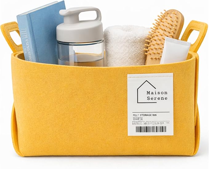 Fabric Storage Basket – Foldable Felt Storage Bin with Handles, Multi-Purpose Storage Organizer for Shelves, Closet, Toys, Clothes, Blankets, Bedroom, Living Room & Nursery, YELLOW, Small