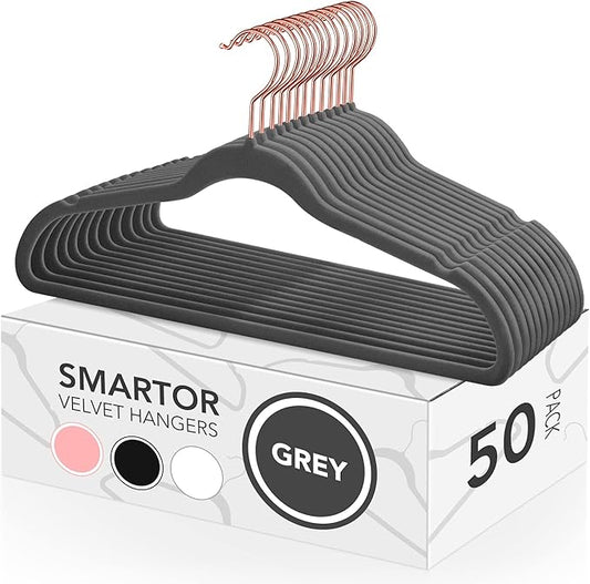 Smartor Grey Velvet Hangers 50 Pack, Non Slip Clothes Felt Hanger Heavy Duty for Coat, 360° Rotating Rose Glod Hook, Premium Slim Space Saving Hangers for Closet Organizer and Storage