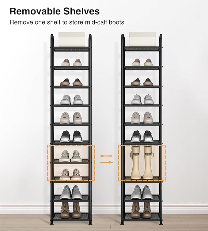 STO STO 10-Tier Narrow Shoe Rack with Sturdy Mesh Shelves, Slim Tall Metal Shoe Organizer for Entryway, Closet, Hallway, Holds 10 Pairs, Vertical Free Standing Shoe Storage Shelf, Black
