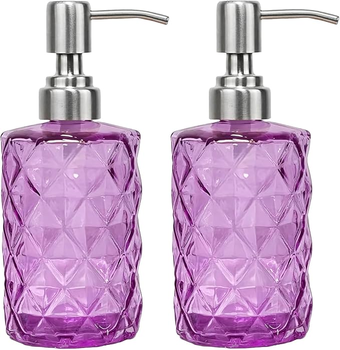 12Oz Purple Soap Dispenser Bathroom - 2 Pack, Clear Glass Hand Soap Dispensers with Stainless Steel Pump, Refillable Dish Soap Dispenser for Kitchen, Countertop Soap Dispensers